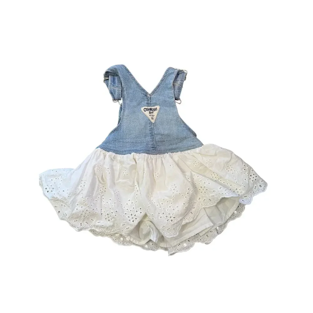 Oshkosh B'Gosh Baby Denim Jumper Dress White Eyelet Skirt Vestbak 12 Months